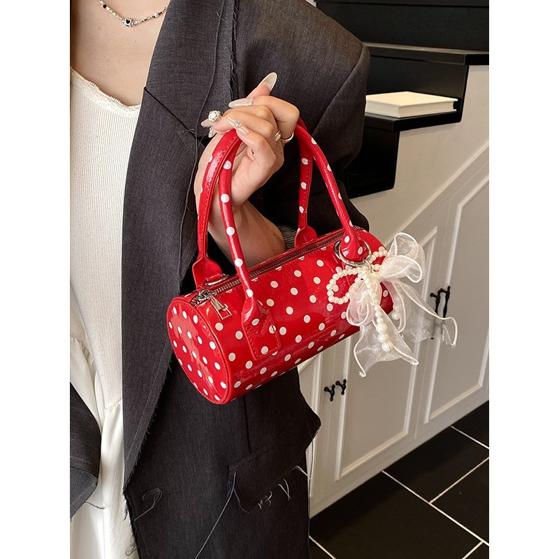 Top Handle Patent Bag - 여성용 귀여운 물방울 무늬 핸드백, 진주