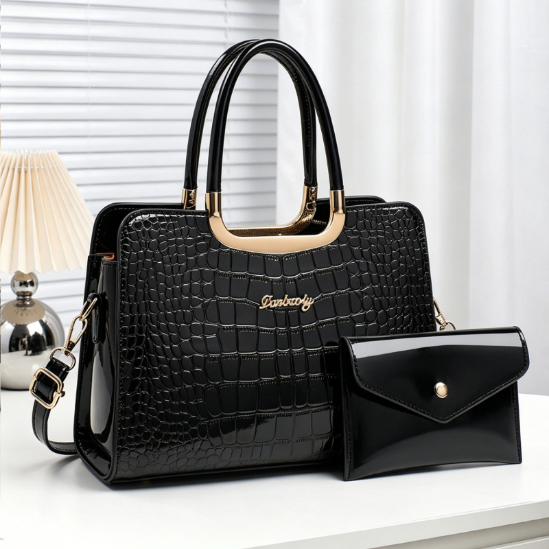 Top Handle Patent Bag - 2피스 여성용 매칭 백 세트, 크로커다일