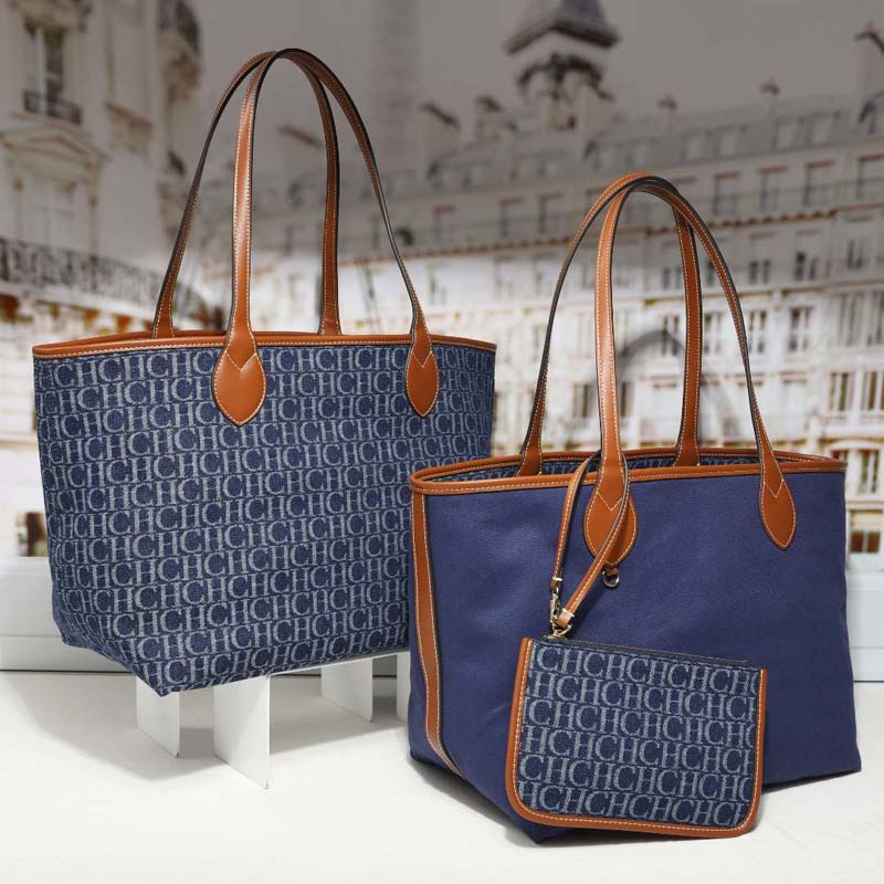 Tote Bag Leather Monogram - 데님 모노그램 토트백 여성용 지퍼 동전