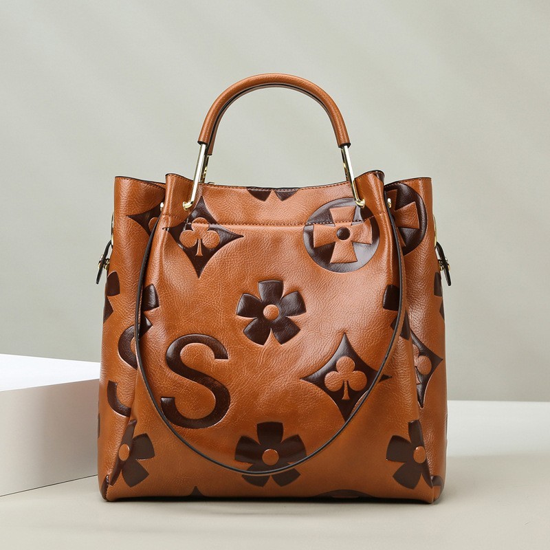 Tote Bag Leather Monogram - 여성용 엠보싱 모노그램 핸드백, 탑 핸들과